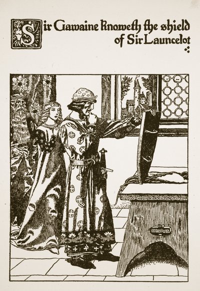 Sir Gawaine reconnaît le bouclier de Sir Launcelot, illustration de 
